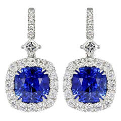 10.86 Carat Cushion Cut Sapphire and Diamond Drop Earrings