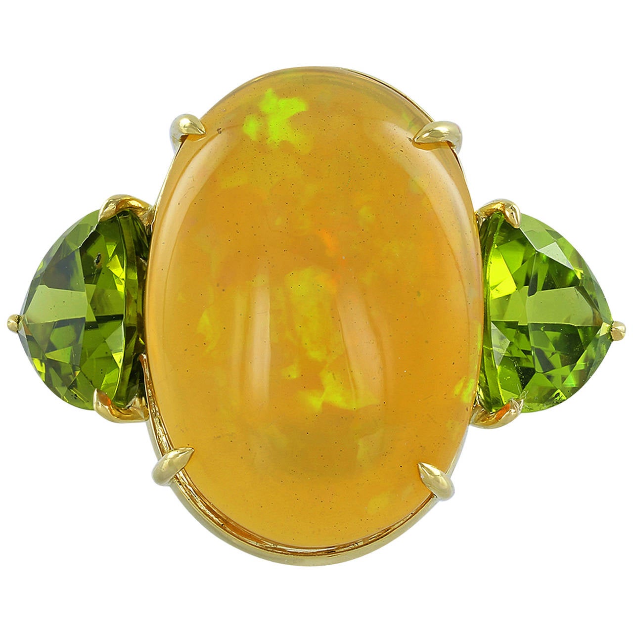 Fire Opal Peridot Gold Three-Stone Cocktail Ring For Sale