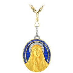 Art Nouveau Plique-a-Jour Sapphire Diamond Gold Medallion Pendant