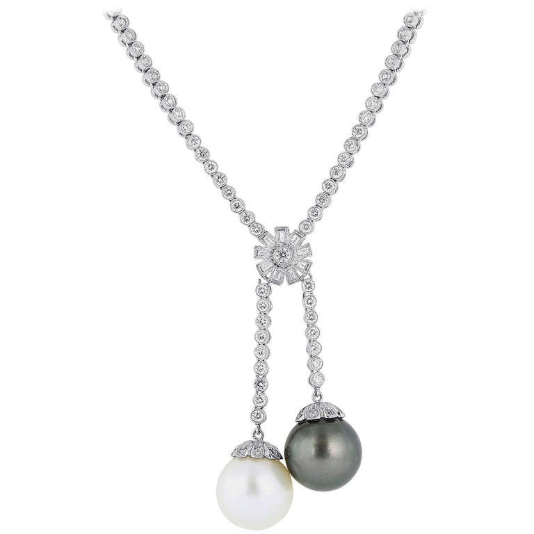 Black and White South Sea Pearl Diamond Gold Drop Necklace For Sale at ...