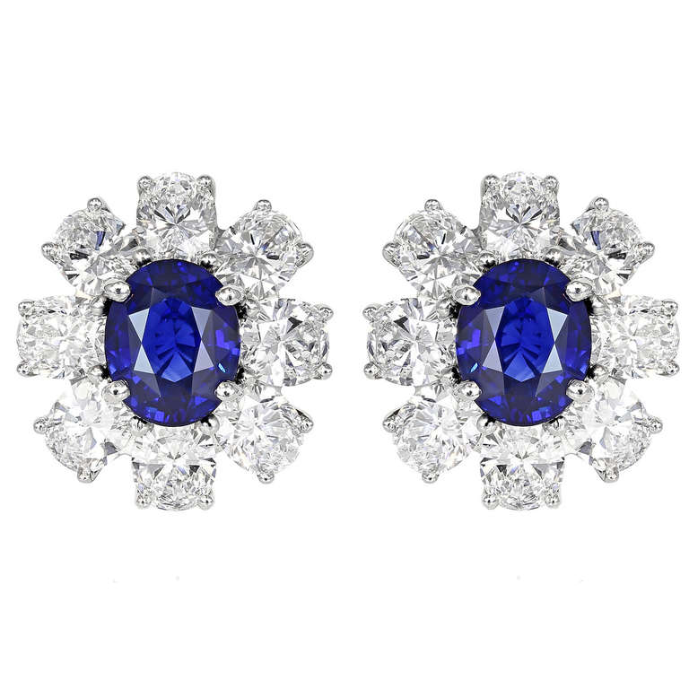 4.20 Carat Sapphire Diamond Cluster Earrings For Sale