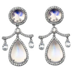 Moonstone Diamond Gold Platinum Drop Earrings 2