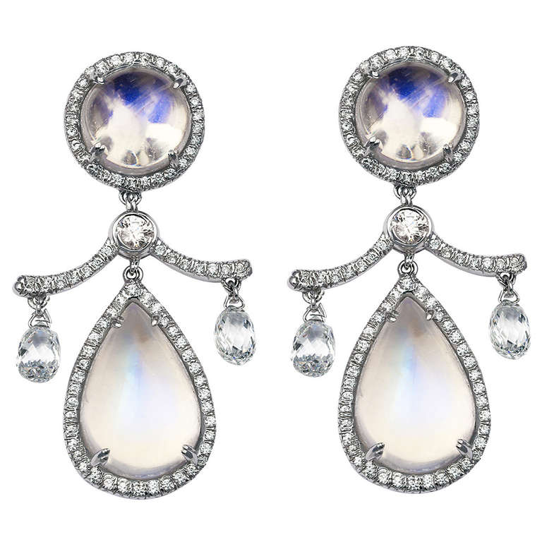 Moonstone Diamond Gold Platinum Drop Earrings For Sale