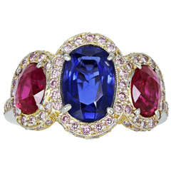 1.70 Carat No Heat Burma Sapphire and Burma Ruby Three-Stone Ring