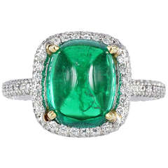 4.01 Carat Cabochon Columbian Emerald Diamond Solitaire Ring