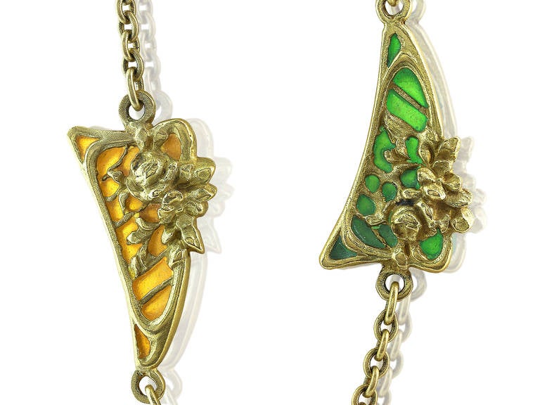 18 karat yellow gold green and yellow Plique-a-Jour Art Nouveau style enamel  necklace.