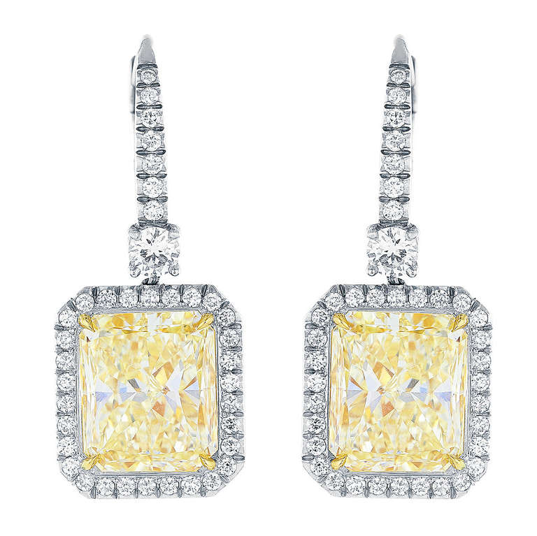 10.06 Carat Radiant Cut Natural Canary Diamond Drop Earrings For Sale