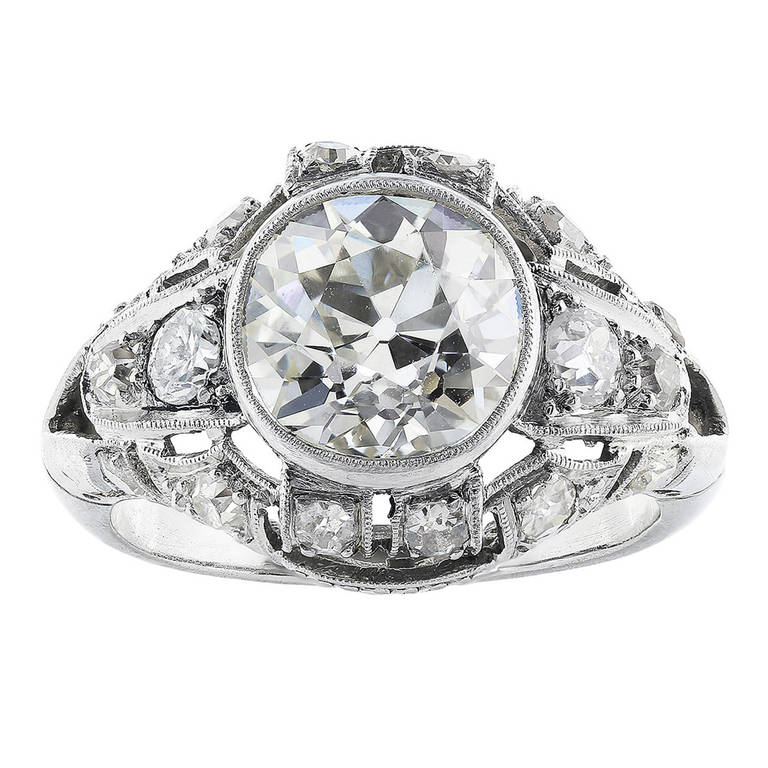 Art Deco 2.35 Carat Antique Cushion Cut Diamond Engagement Platinum Ring For Sale