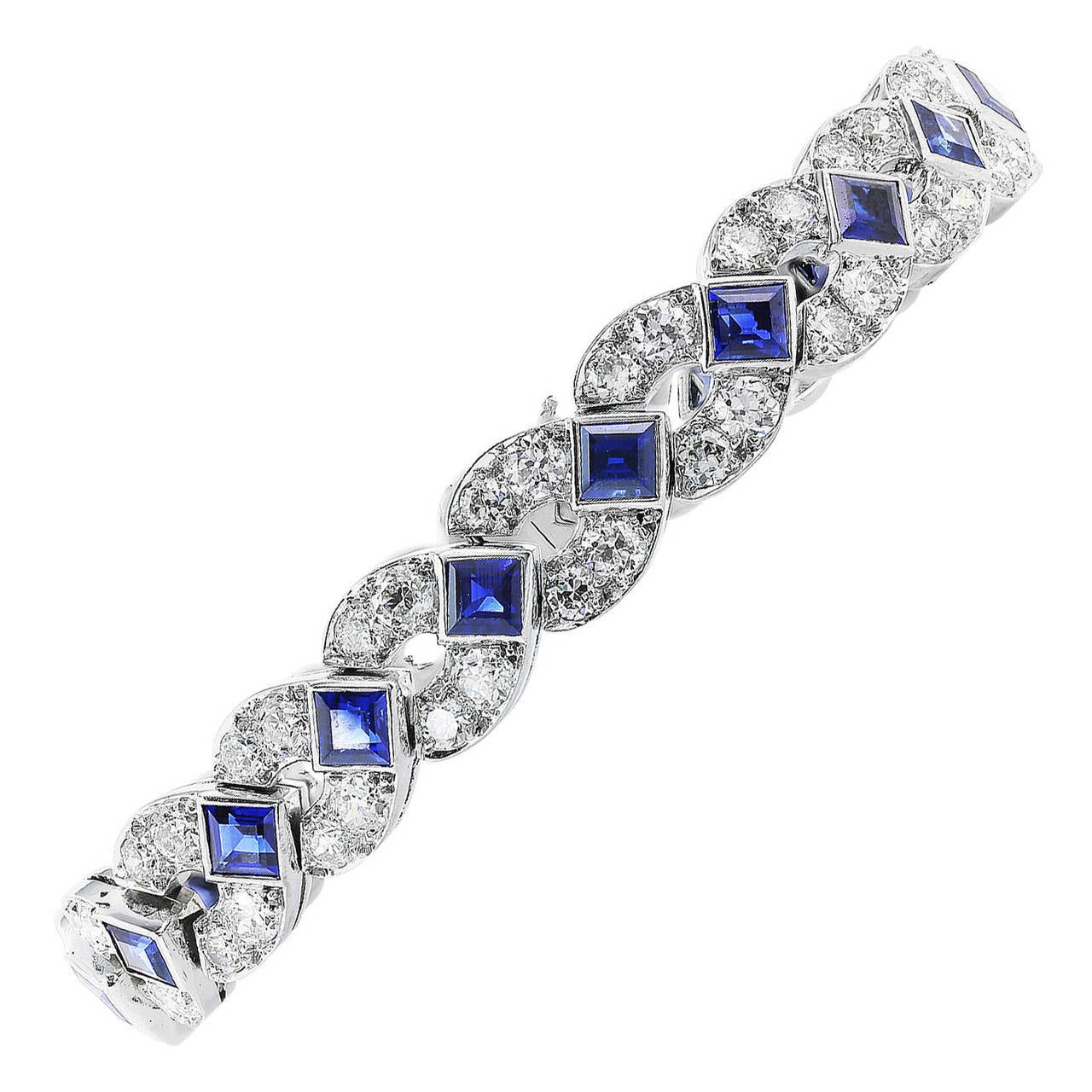 Art Deco Diamond, Sapphire and Platinum Bracelet For Sale