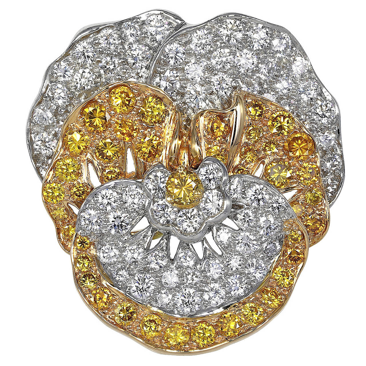 Oscar Heyman Yellow and White Diamond Pansy Brooch For Sale