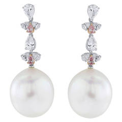 South Sea Pearl and Pink Diamond Drop Earrings