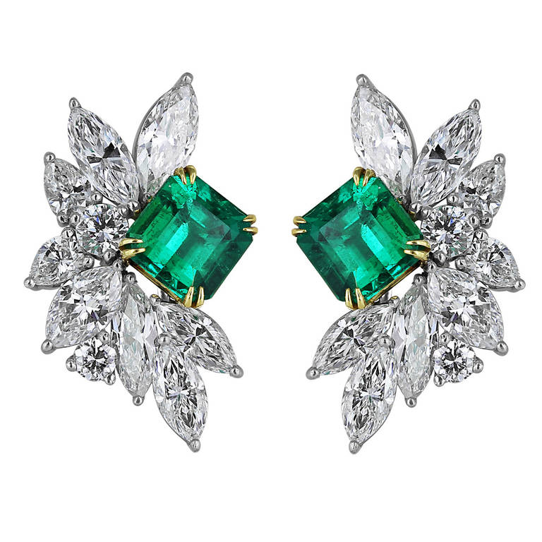 3.2 Carat Emerald and Diamond Cluster Earrings For Sale