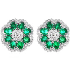 Emerald and Diamond Floral Motif Clip Earrings