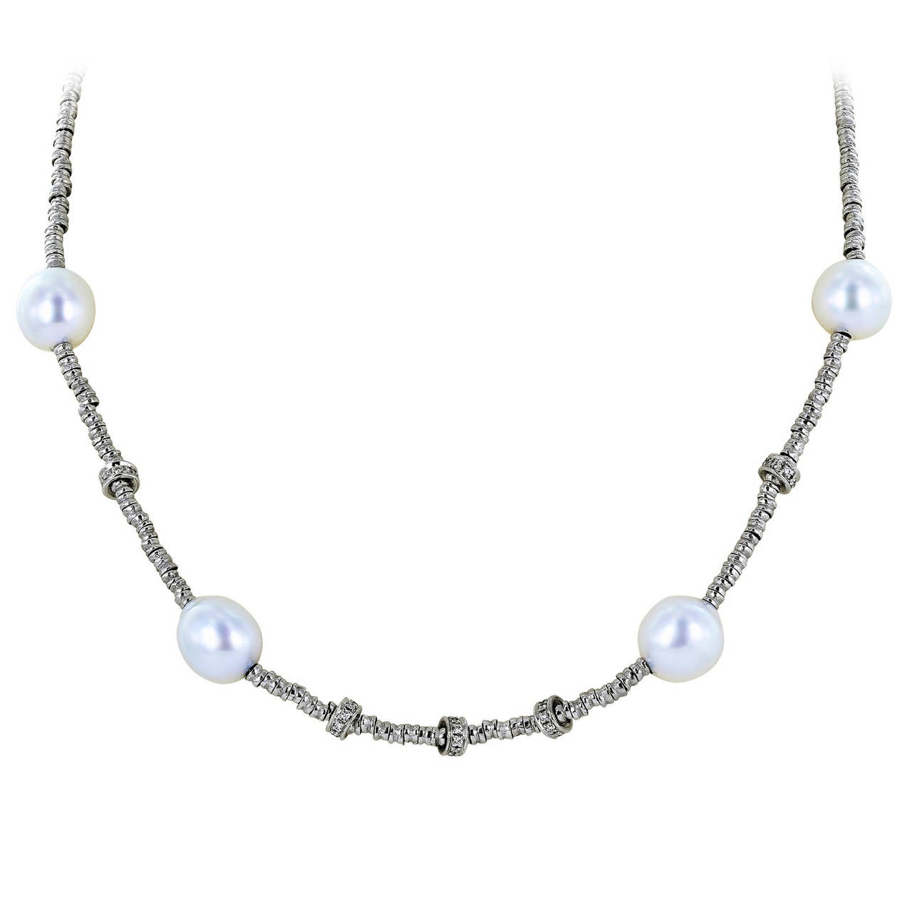 Diamond Pearl Gold Chain Necklace For Sale