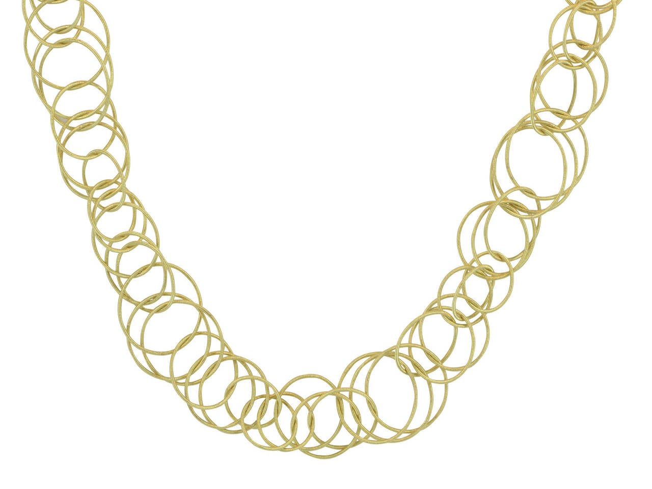 18 karat yellow gold chain necklace consisting of various sized round links with a textured finish. Handmade in Italy and signed Buccellati, from the Hawaii Collection.