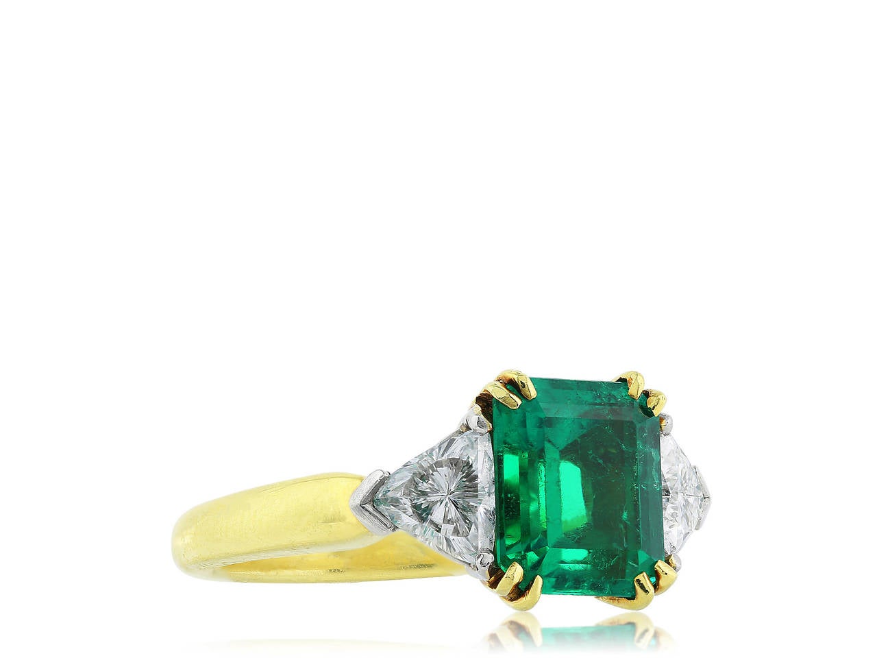 Contemporary 2.47 Carat Emerald Diamond Gold Platinum Three Stone Ring