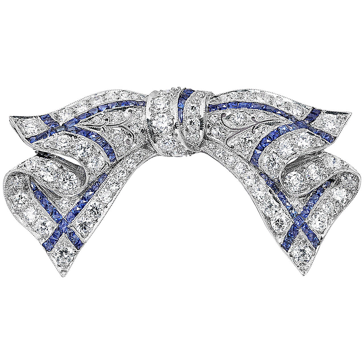 Art Deco 5.00 Carat Diamond and Sapphire Bow Brooch