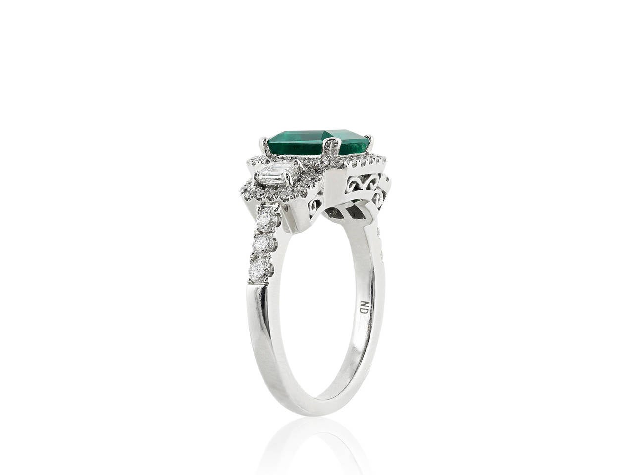 1.63 Carat Emerald Diamond Gold Three Stone Ring For Sale at 1stDibs
