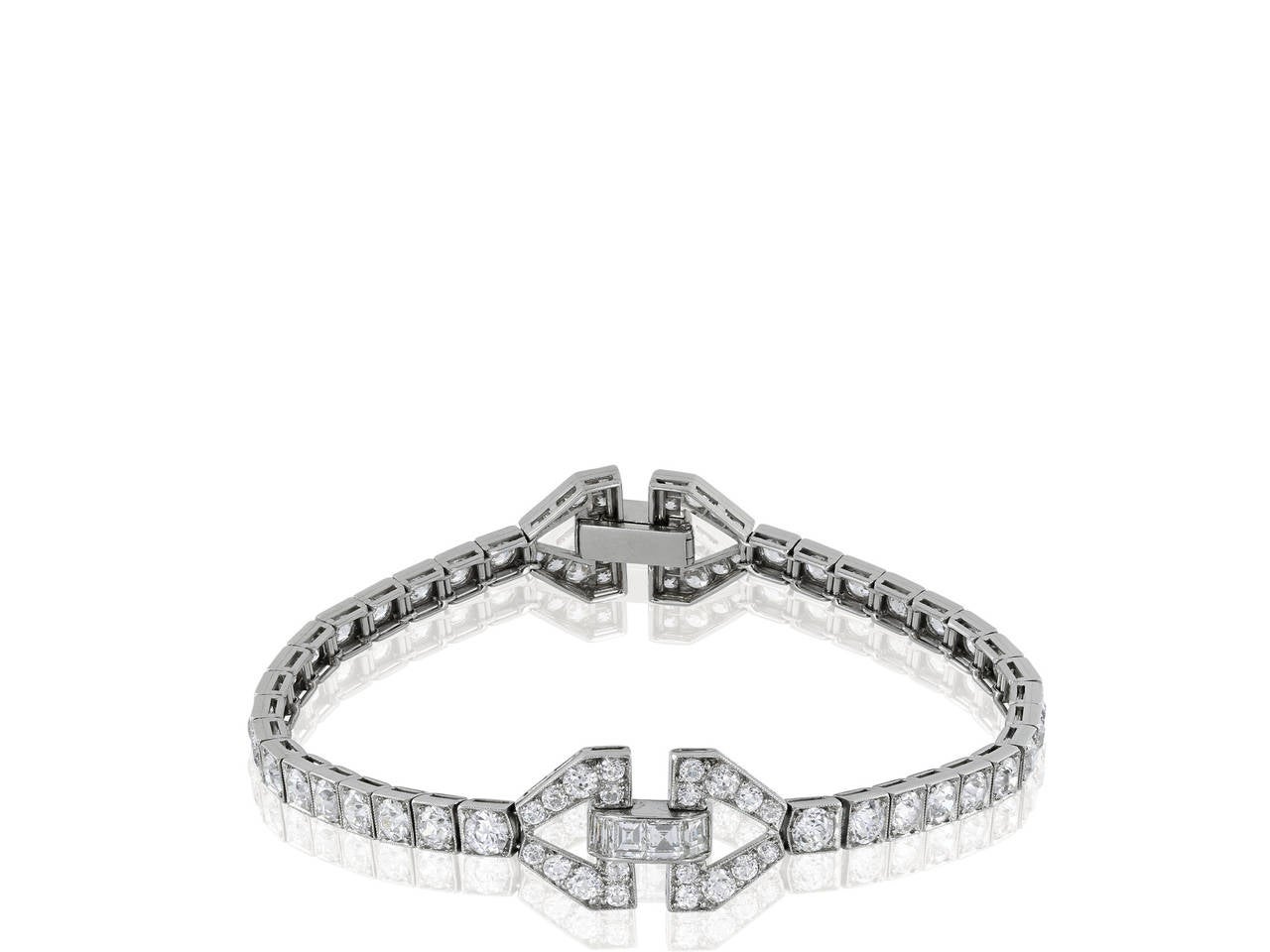 Platinum Art Deco bracelet consisting of  square cut and old European cut diamond weighing approximately 7.83 carats.