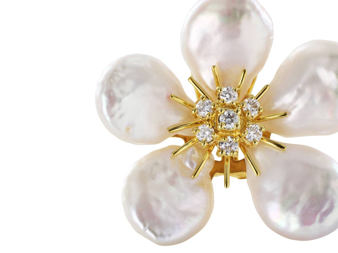 14 karat yellow gold clip and post flower style earrings consisting of 10 keshi Freshwater pearl petals, 5 on each earring and 14 round brilliant cut diamonds having a total weight of .56 carats.