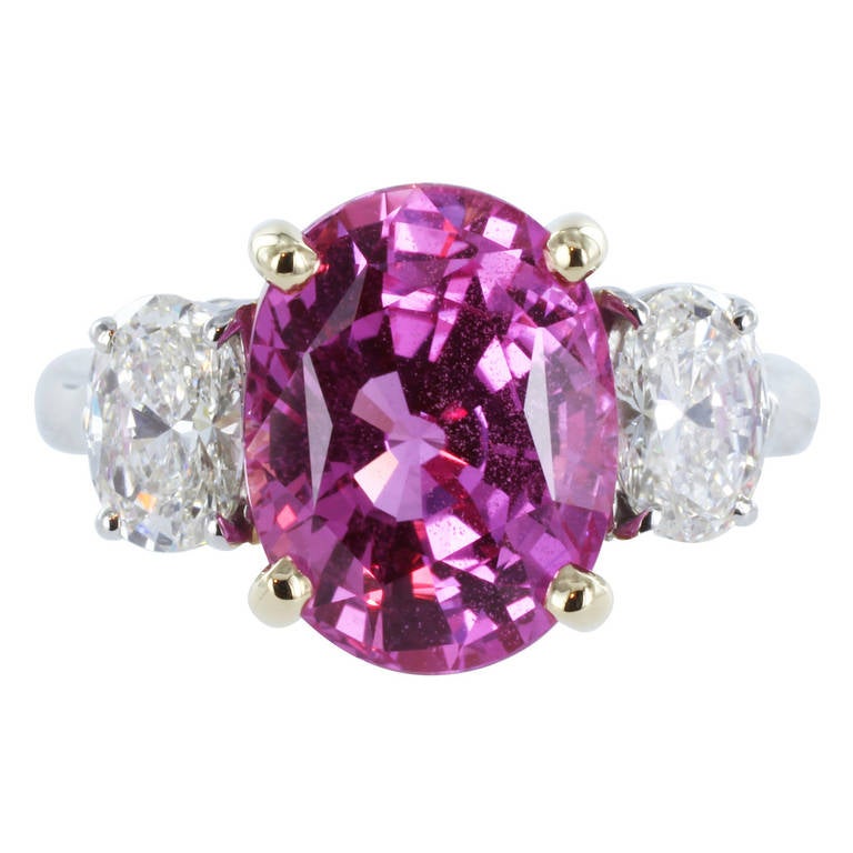 6.22 Carat Oval Shaped Pink Sapphire Diamond Ring