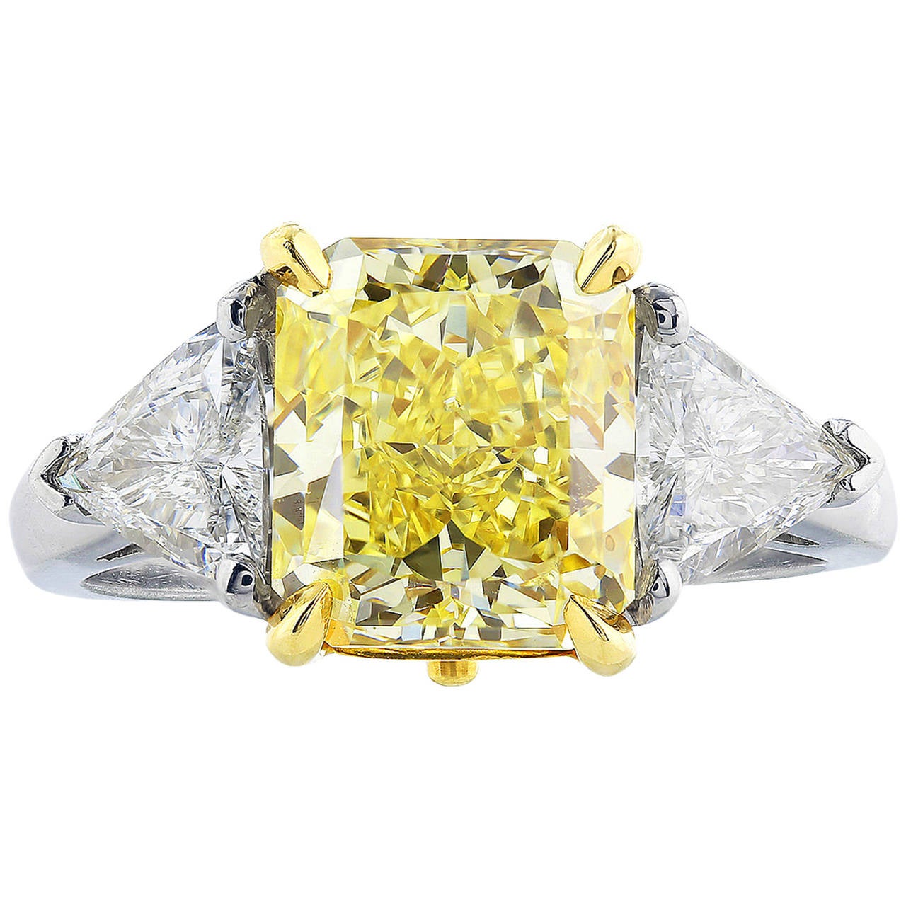 3.01 Carat Radiant Fancy Yellow Diamond Ring For Sale