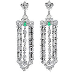 Antique Art Deco Emerald Diamond gold platinum Chandelier Earrings