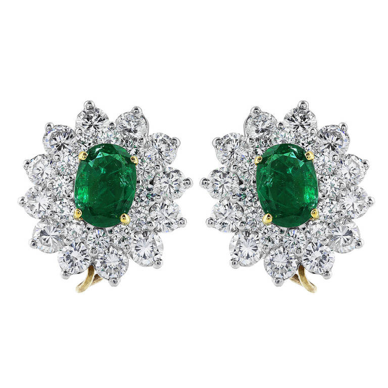 Emerald Diamond Platinum Cluster Earrings For Sale