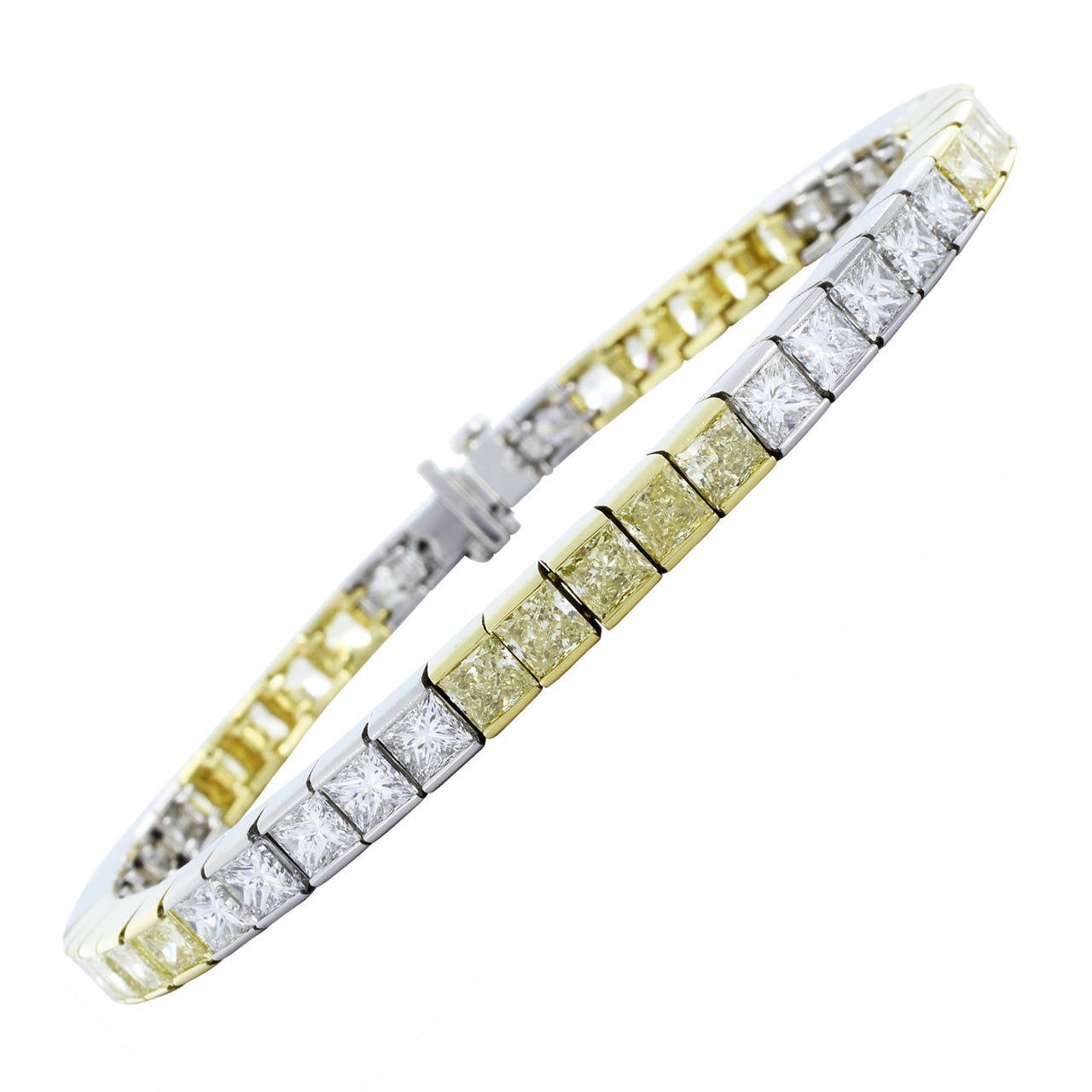 14.73 Radiant Cut Colorless and Canary Diamond Platinum Bracelet For Sale