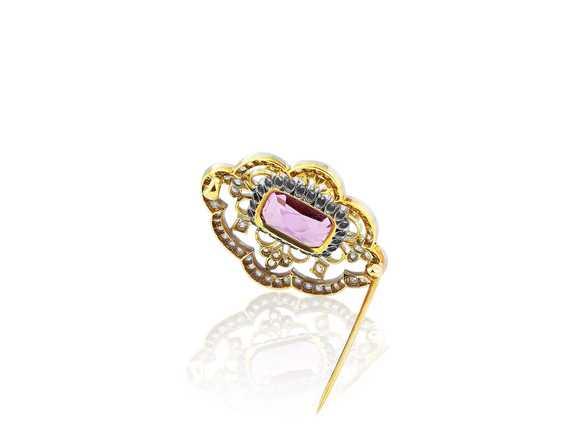 Retro edwardian 7.50 carat Pink Topaz gold platinum brooch For Sale