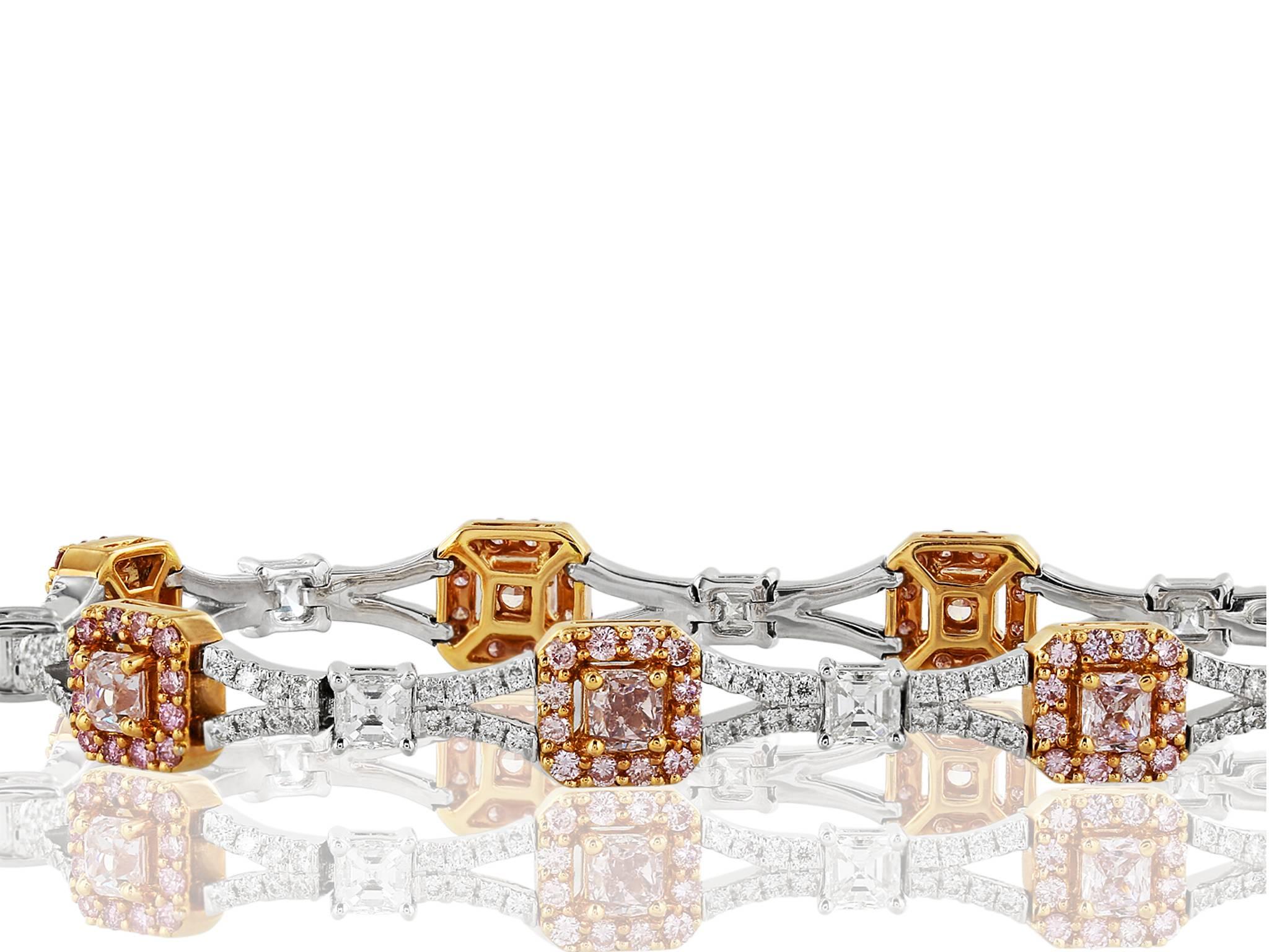 Two tone 18 karat white and pink gold flexible bracelet consisting of 8 square radiant cut natural pink diamonds, 8 asscher cut colorless diamonds and round brilliant cut natural pink  and colorless diamond accents having a total weight of 5.65