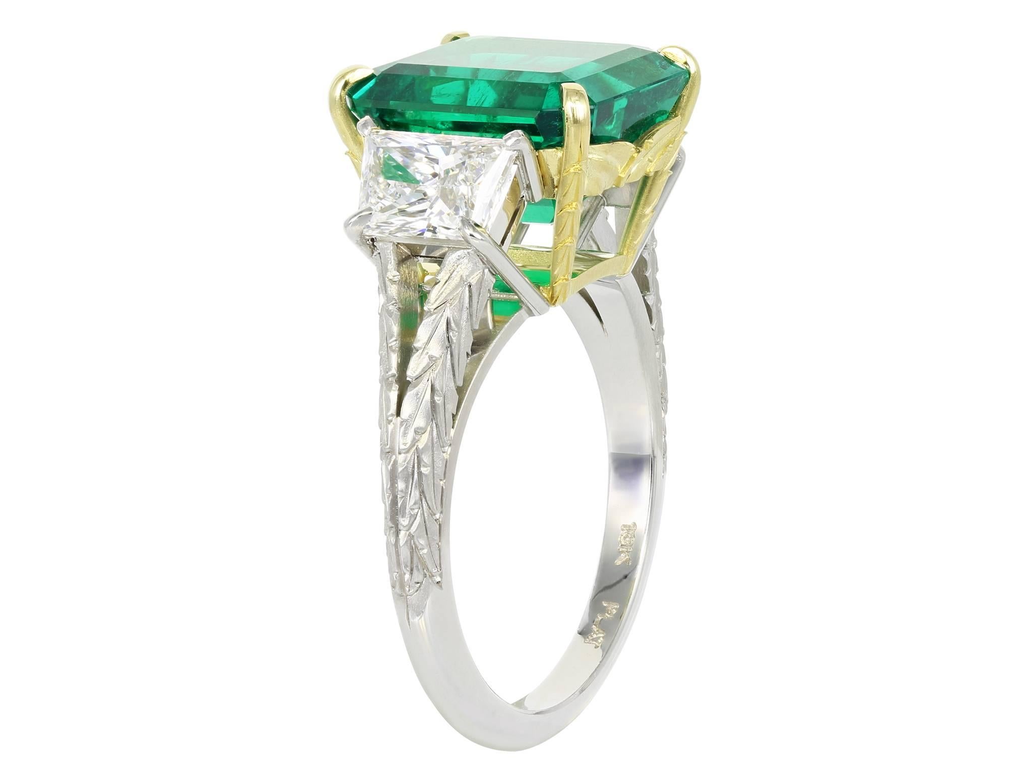 Emerald Cut 5.00 Carat Colombian Emerald Diamond Gold Platinum 3 Stone Ring For Sale