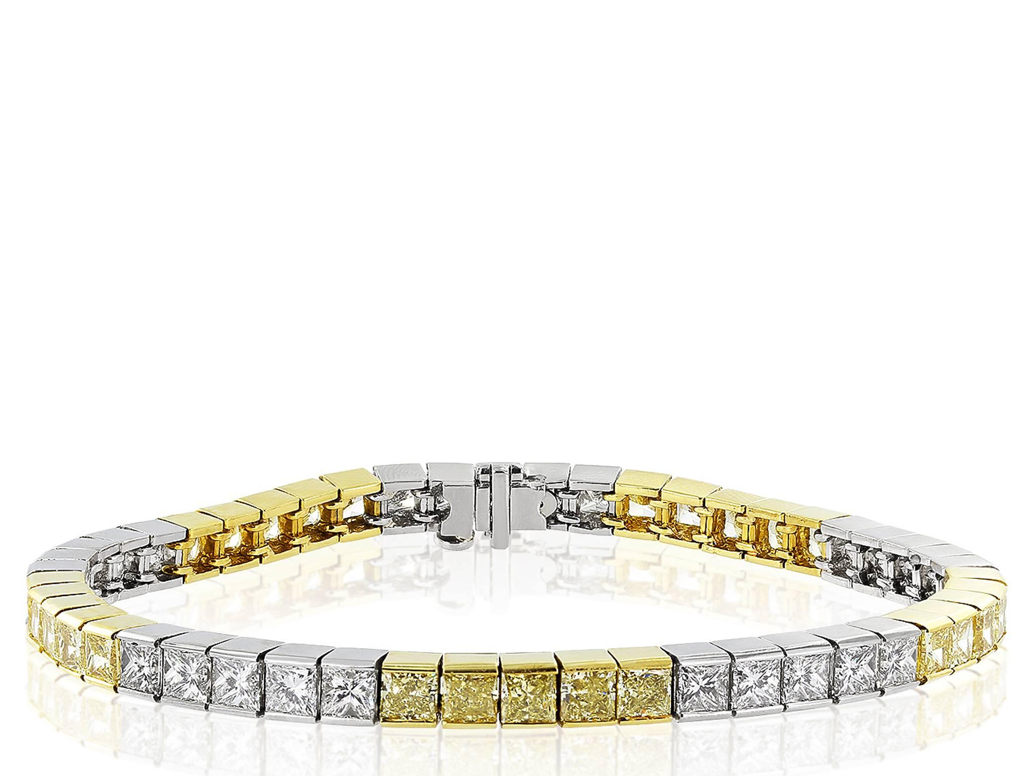 Platinum 18kt YG radiant cut diamond 
(24 FY=6.24ctw / 24 colorless = 6.08ctw) flexible straight line bracelet.