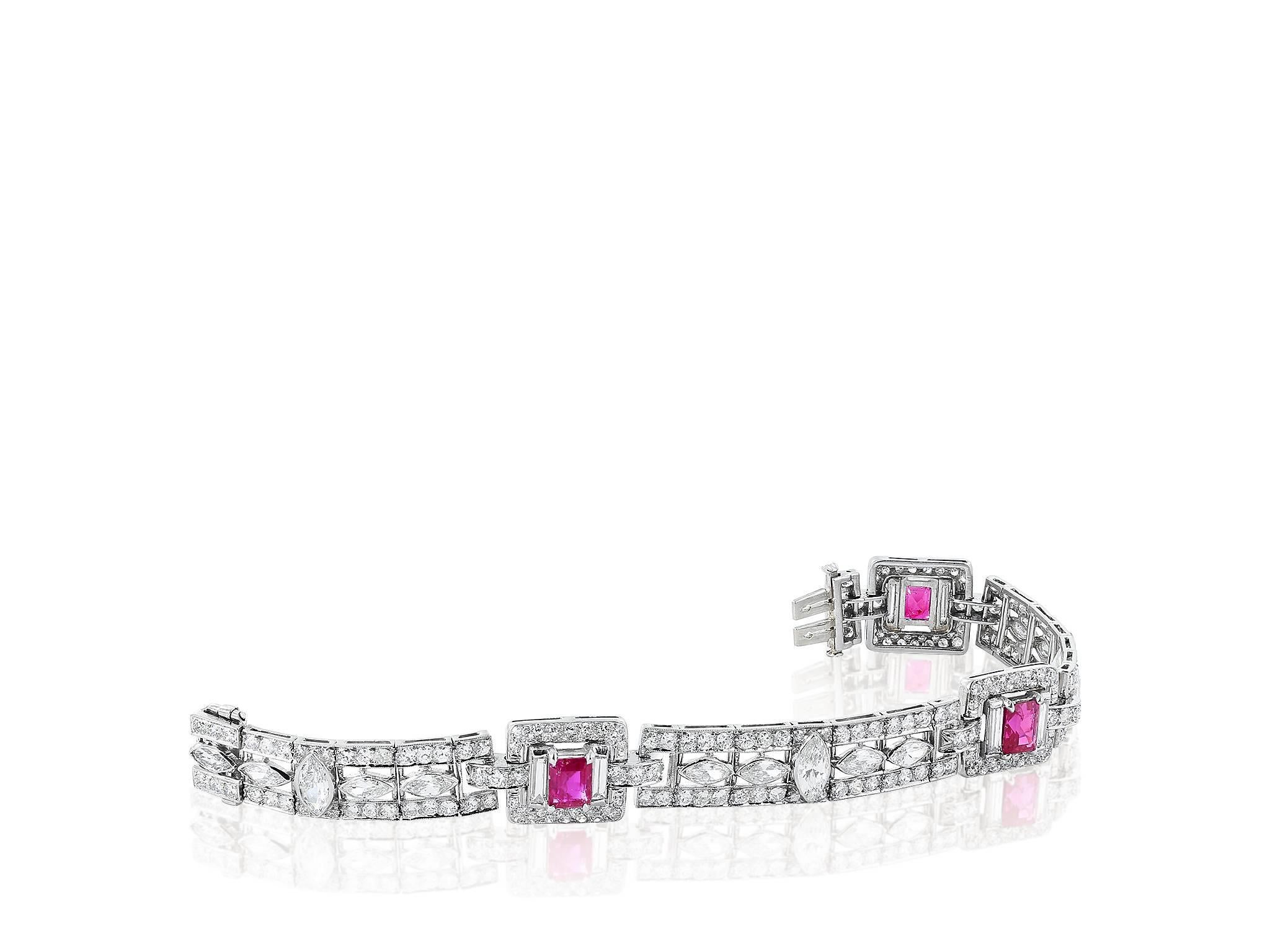 Art Deco Ruby Diamond Platinum Bracelet In Excellent Condition For Sale In Chestnut Hill, MA