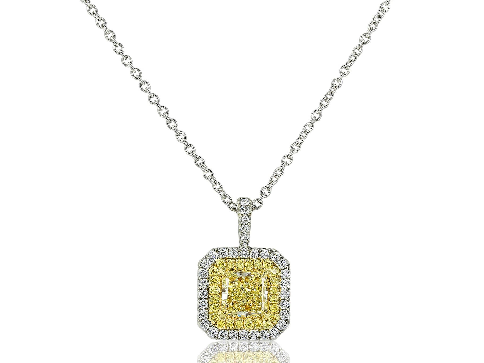 1.41 Carat GIA Cert Radiant Cut Canary Diamond Gold Platinum Pendant In Excellent Condition For Sale In Chestnut Hill, MA