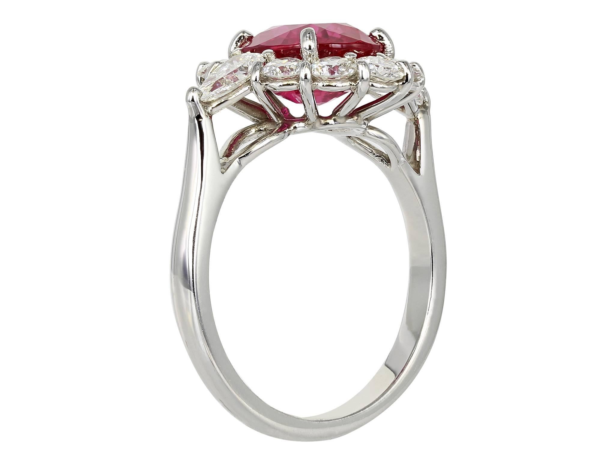 3.16 Carat Ruby Diamond Platinum Cluster Ring In Excellent Condition For Sale In Chestnut Hill, MA