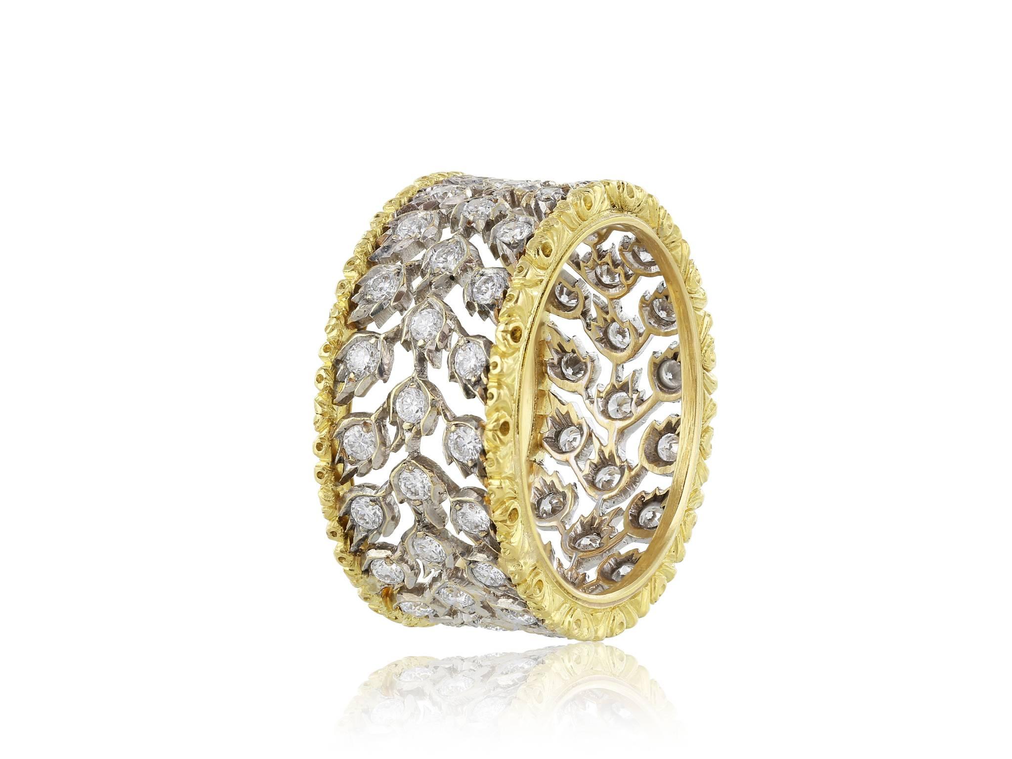 18 karat yellow and white gold Buccellati ring from the Milano collection. Ring features Round Brilliant Cut diamonds set on an open work setting weighing a total of 1.10 carats. Size 7.25.