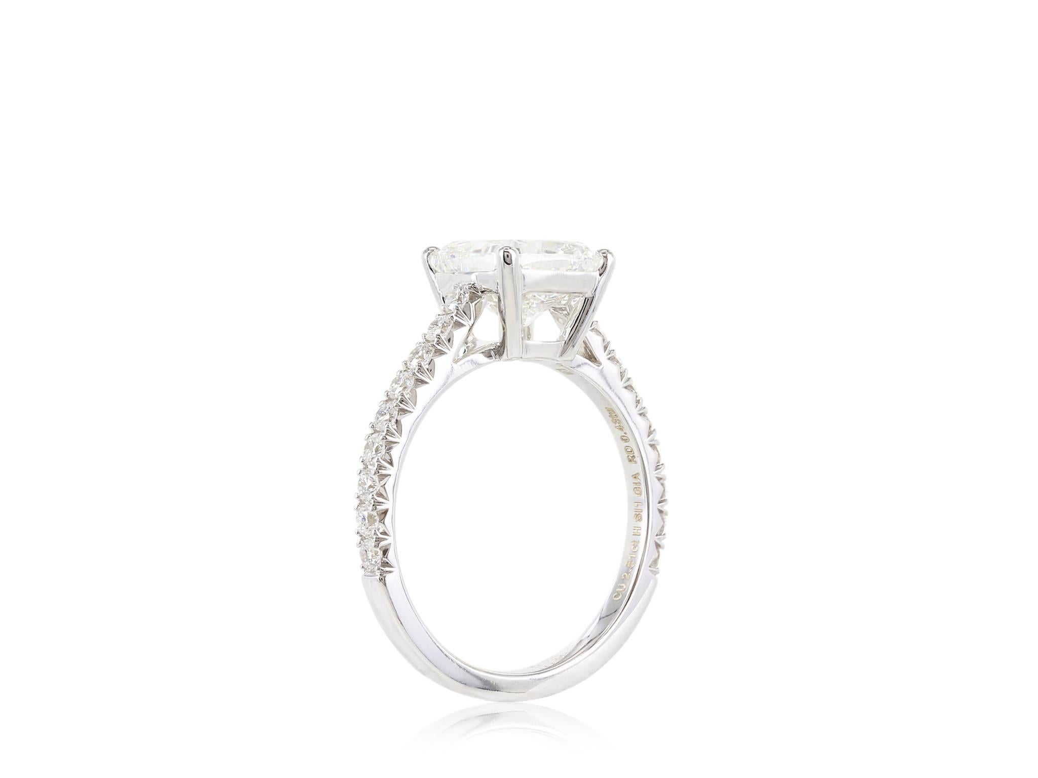 18 karat white gold consisting of 1 cushion cut diamond weighing 2.51 carats with a color and clarity H, SI1, GIA report # 1142733052, 7.90 x 7.50 x 4.99mm solitaire engagment ring.