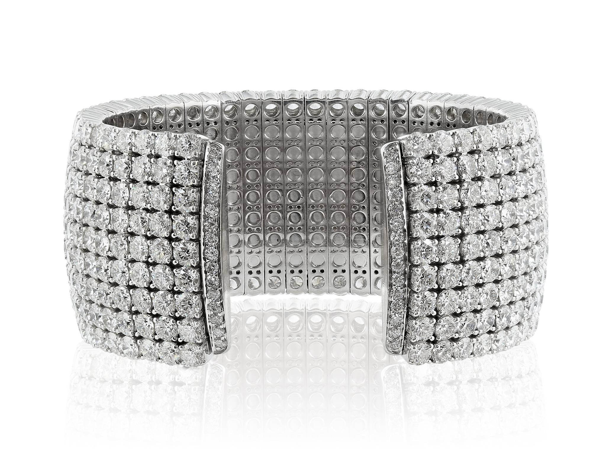 18 karat white gold custom made 9 row diamond cuff bracelet with a total weight of 43.47 carats