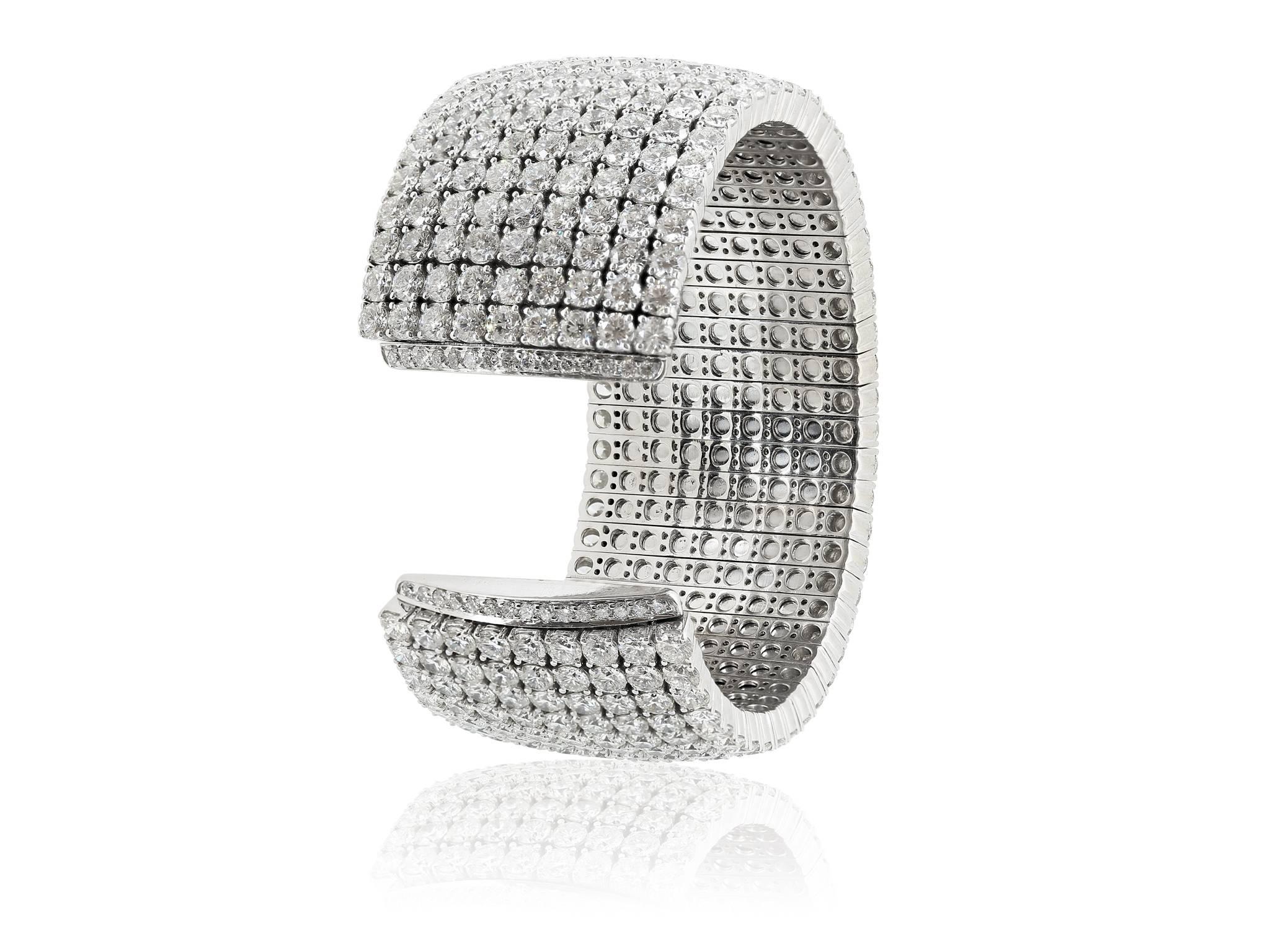 Modern 43.47 Carats Diamond 9 Row Gold Cuff Bracelet  For Sale