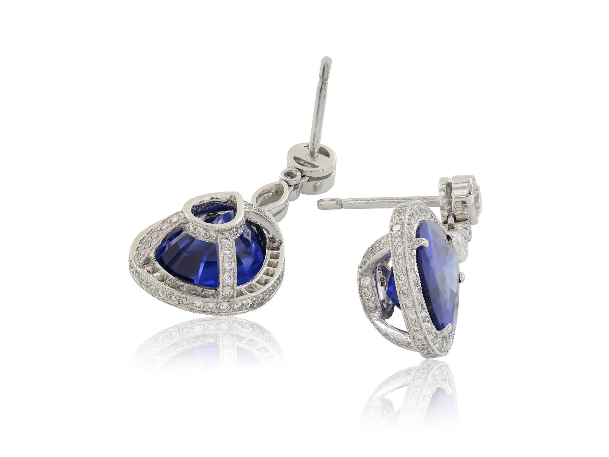 Pear Shape Sapphire Diamond Gold Platinum Earrings In Excellent Condition For Sale In Chestnut Hill, MA