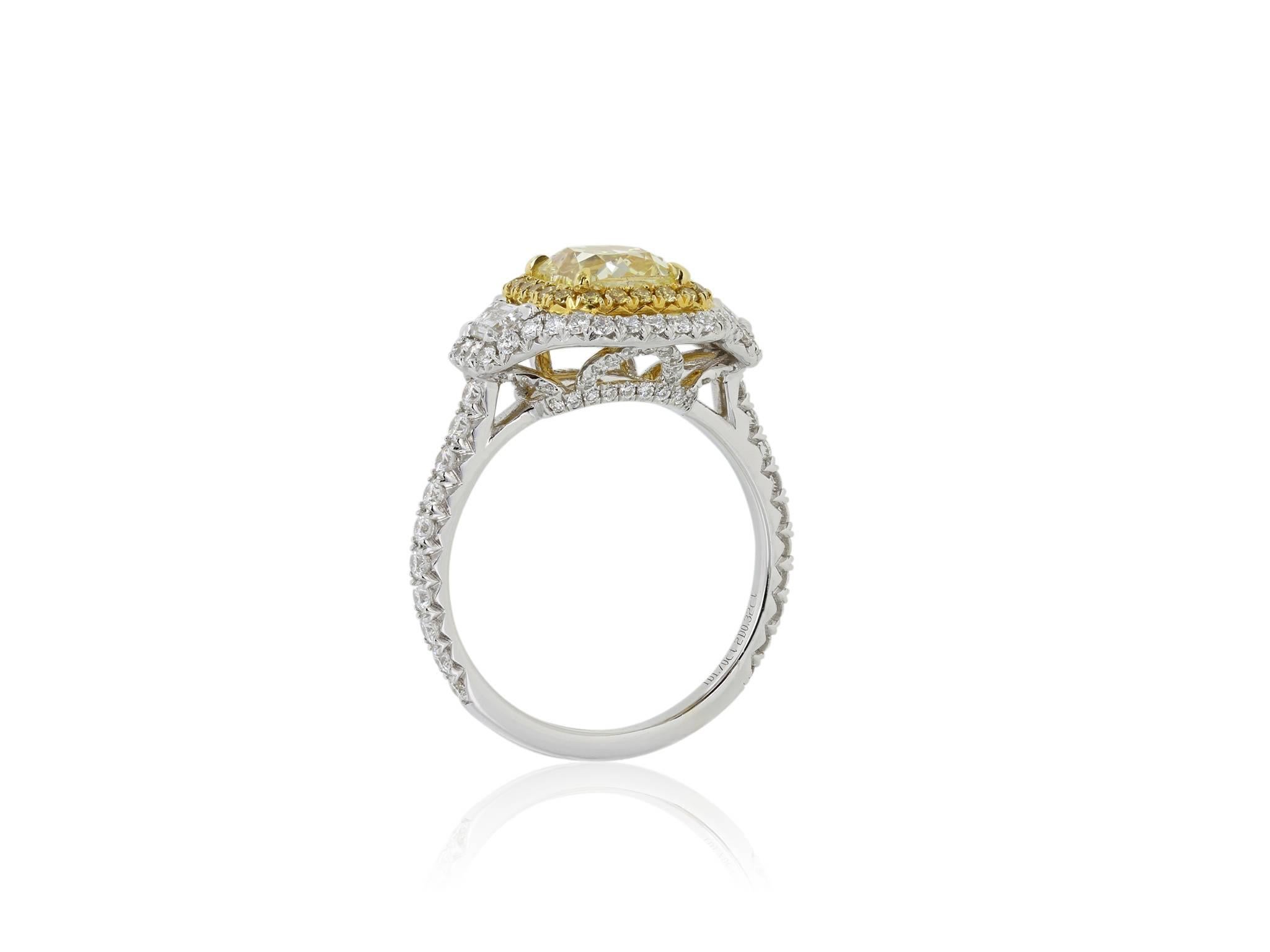 Radiant Cut GIA Certified 1.70 Yellow Canary SI1 Diamond Ring With Double Halo For Sale