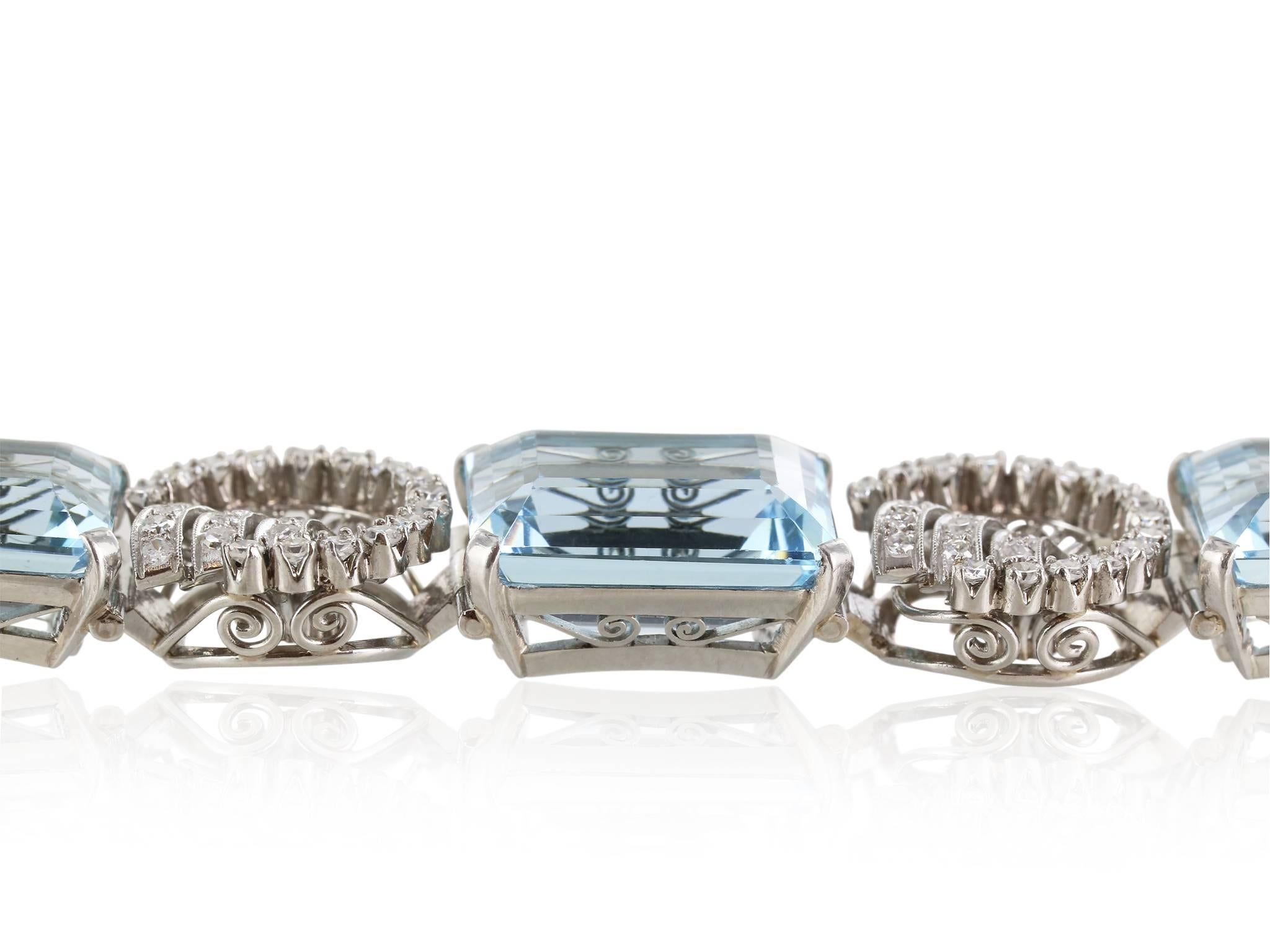 Retro Large Aquamarine Diamond Bracelet In Excellent Condition For Sale In Chestnut Hill, MA