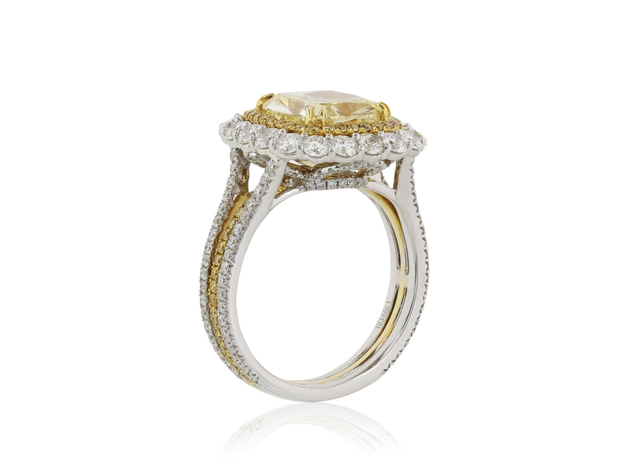 GIA Certified 3.66 Radiant Cut Fancy Yellow Diamond Gold Ring In Excellent Condition For Sale In Chestnut Hill, MA