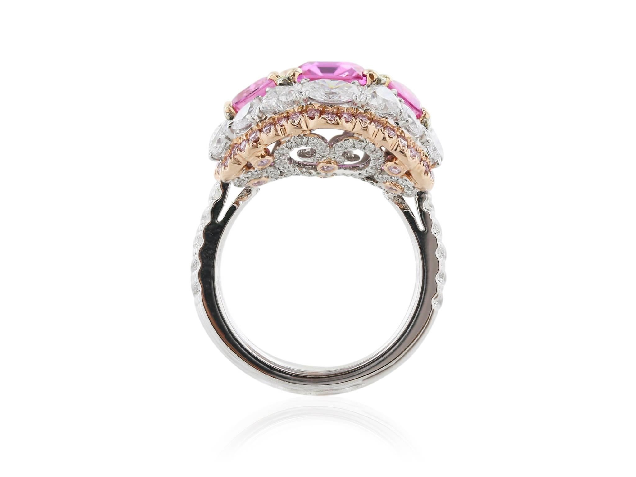 Modern 5.34 Carat Unheated Pink Sapphire Diamond Cluster Ring For Sale