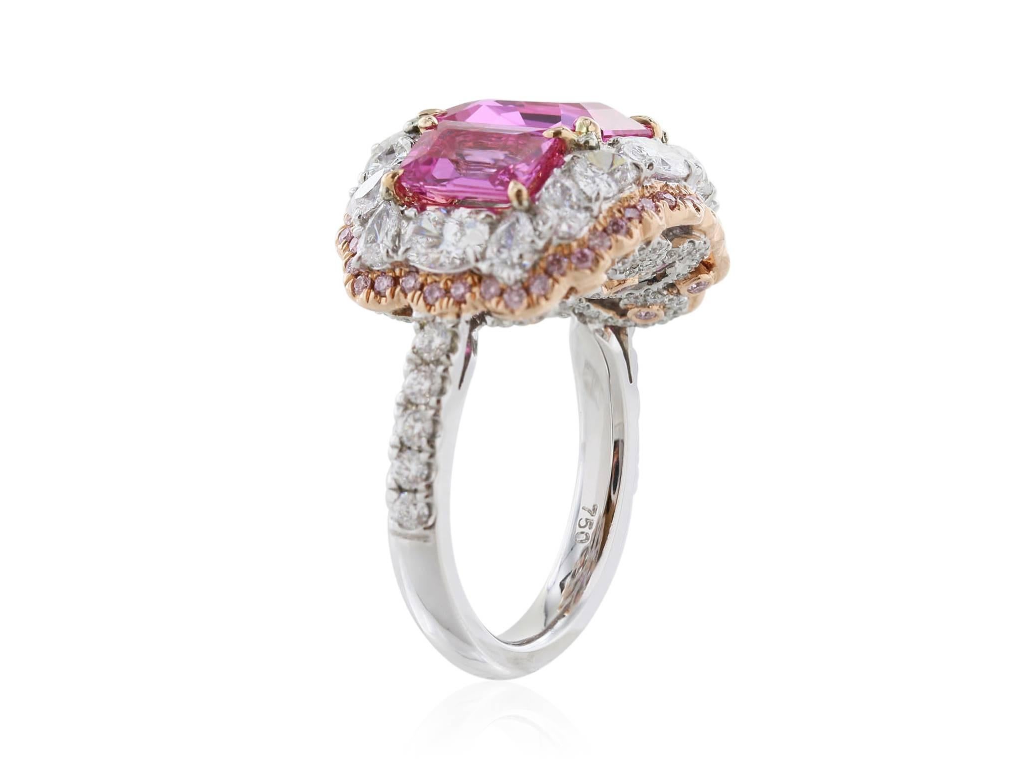 5.34 Carat Unheated Pink Sapphire Diamond Cluster Ring In Excellent Condition For Sale In Chestnut Hill, MA