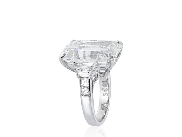 Modern 22.02 Carat Emerald Cut Diamond Platinum Three Stone Engagement  Ring For Sale