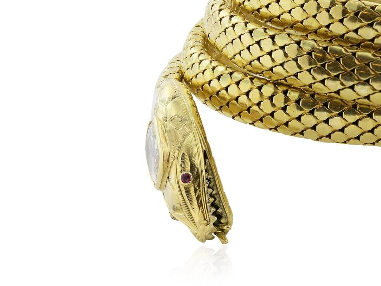 2 Carat Cushion Cut Diamond Gold Snake Bracelet at 1stDibs