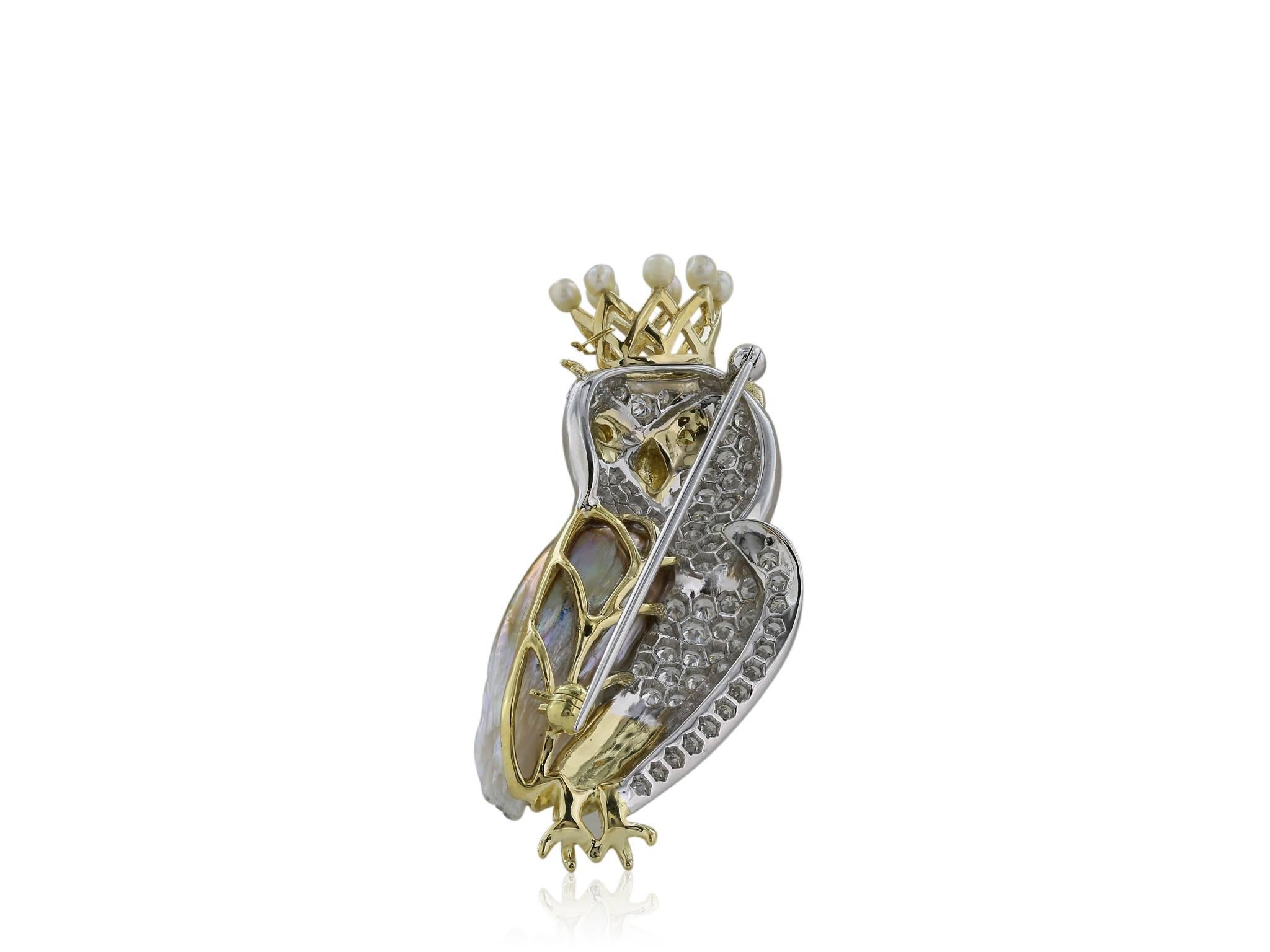 Pearl Diamond White and Yellow Gold Owl Pin In Excellent Condition For Sale In Chestnut Hill, MA