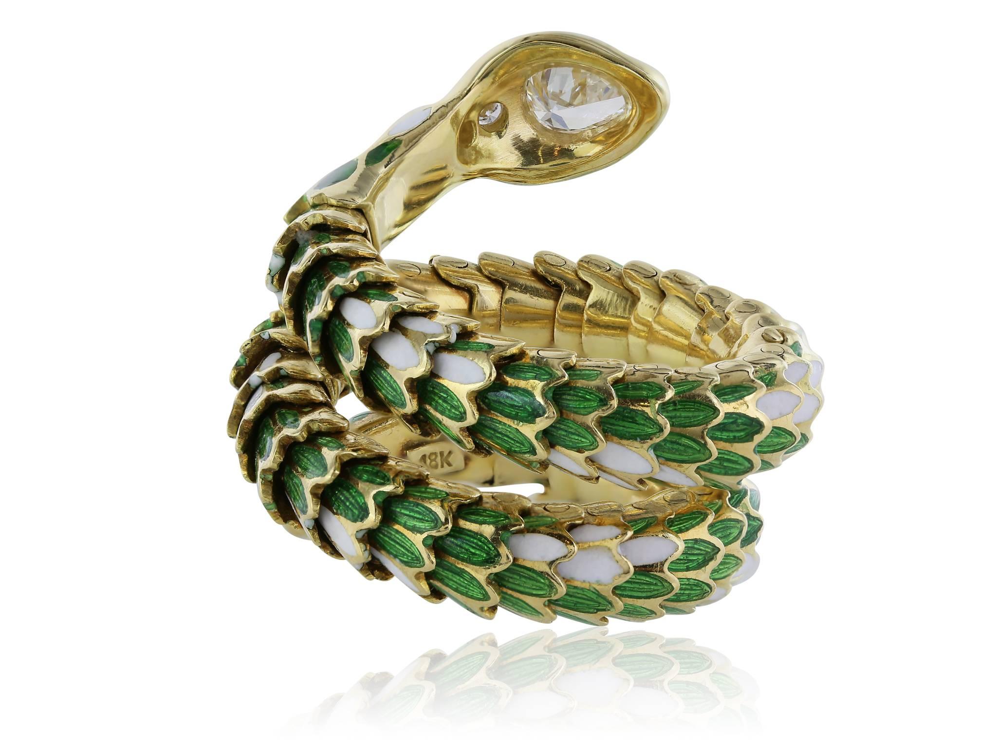 Diamond Enamel Gold Snake Ring In Excellent Condition For Sale In Chestnut Hill, MA